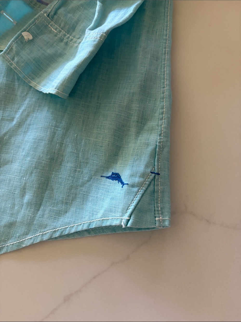 Tommy Bahama light Aqua Linen Shirt with Blue Dolphin Embroidery